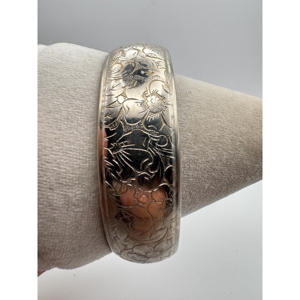 Vintage Floral Bangle Bracelet Size 8 Large Victorian Revival Silver Tone